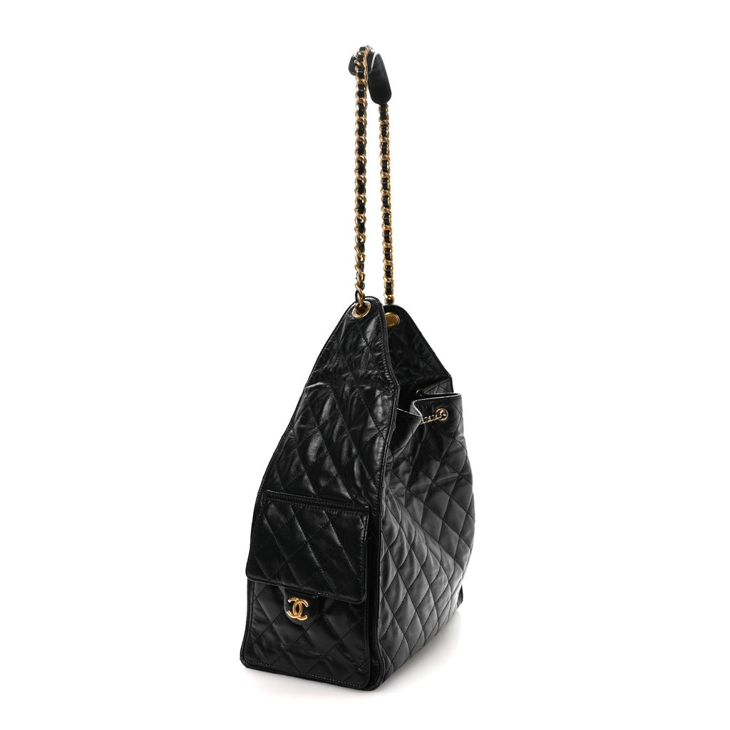 Shiny Crumpled Calfskin Quilted Medium Chanel 25 Handbag Black