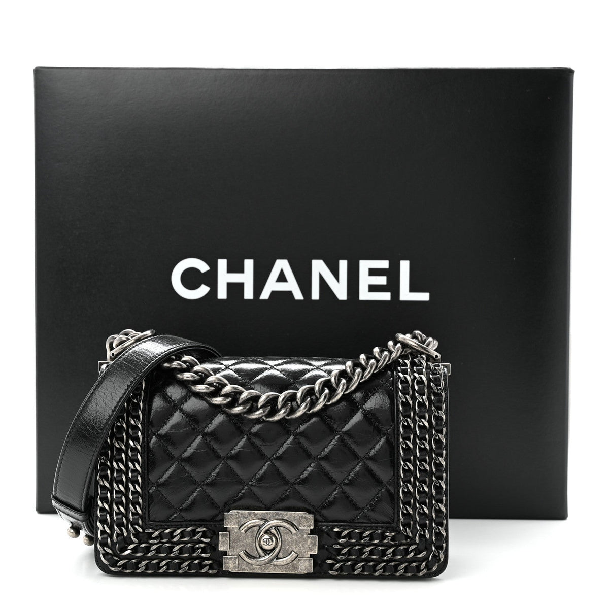 Glazed Calfskin Quilted Small Boy Chained Flap Black