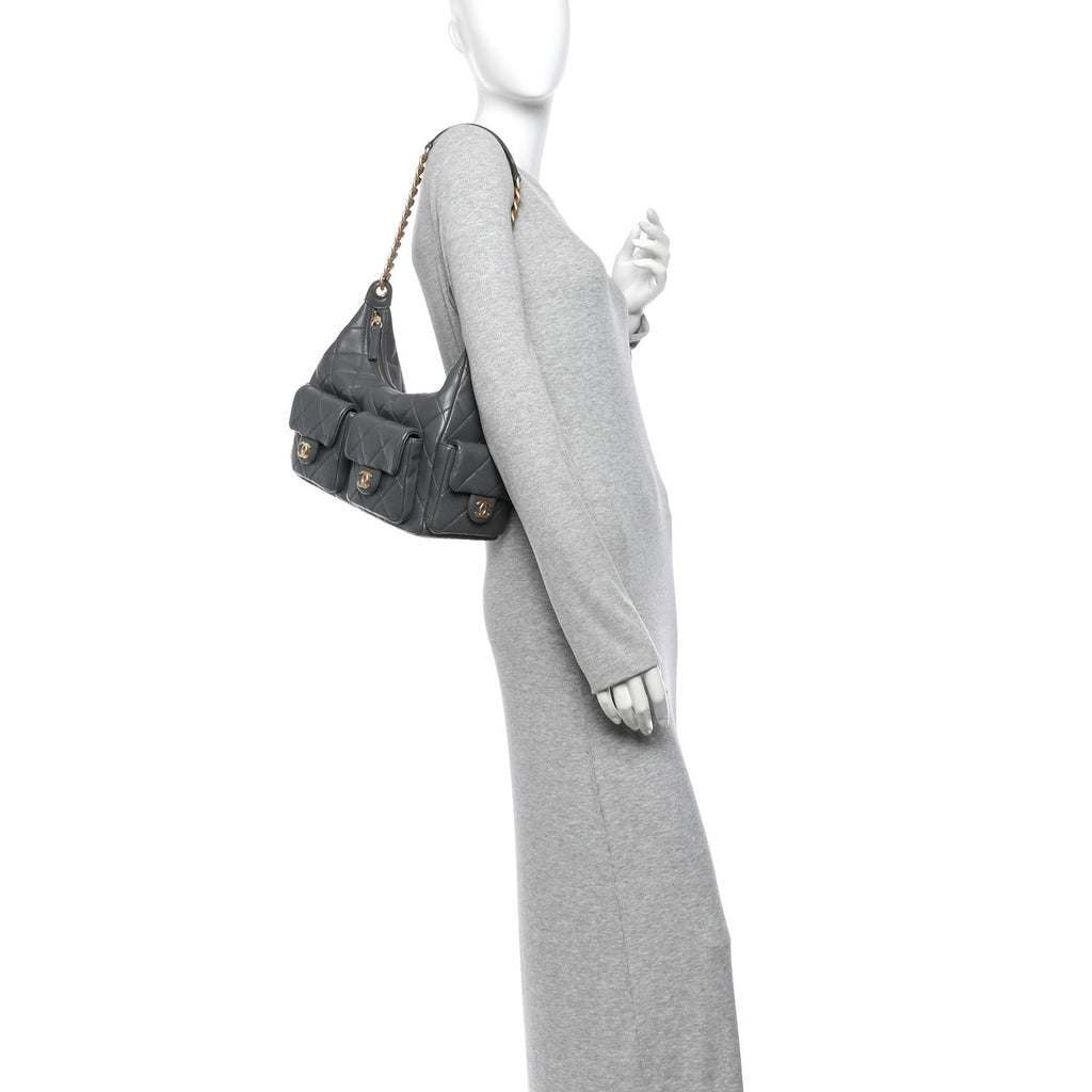 Shiny Lambskin Quilted Trendy Pockets Hobo Dark Grey