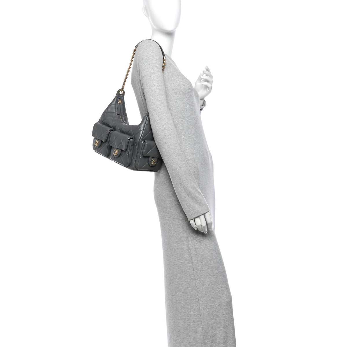 Shiny Lambskin Quilted Trendy Pockets Hobo Dark Grey