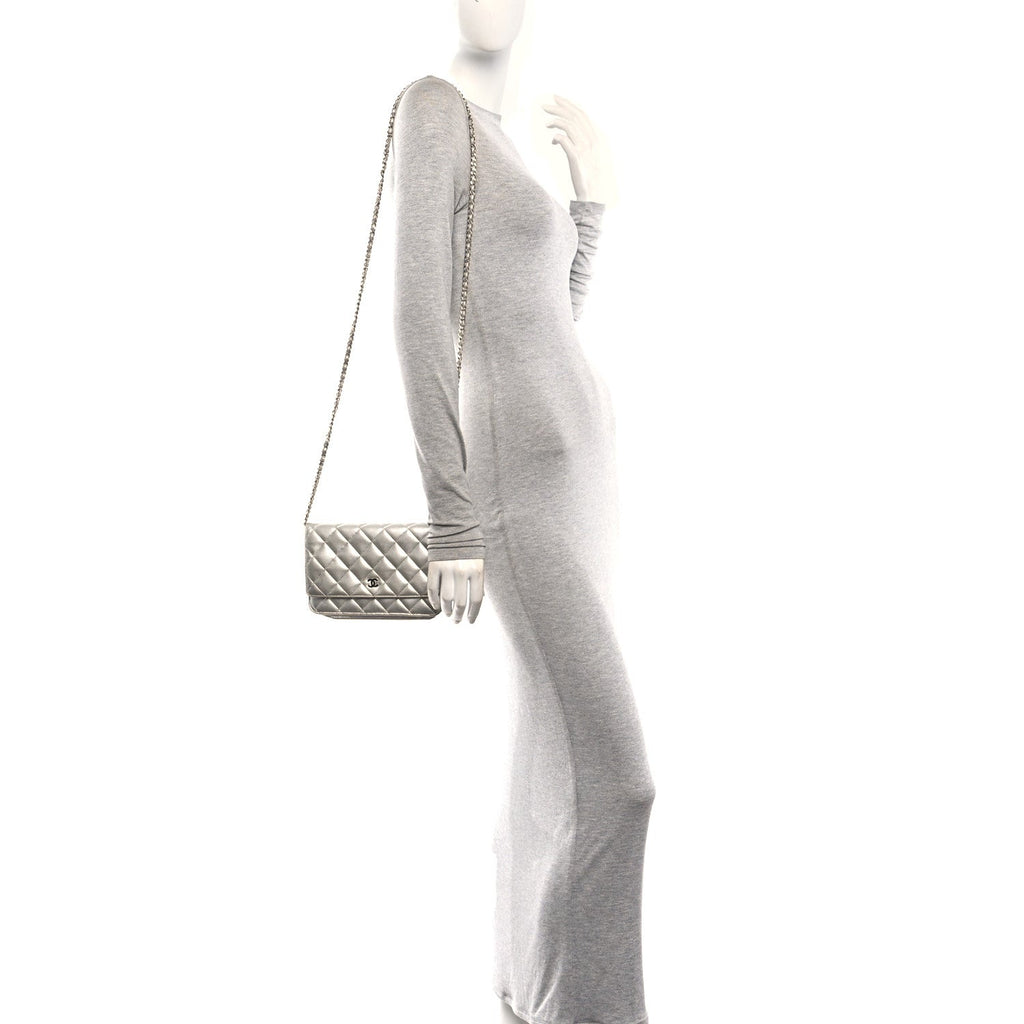 Metallic Lambskin Quilted Wallet On Chain WOC Silver
