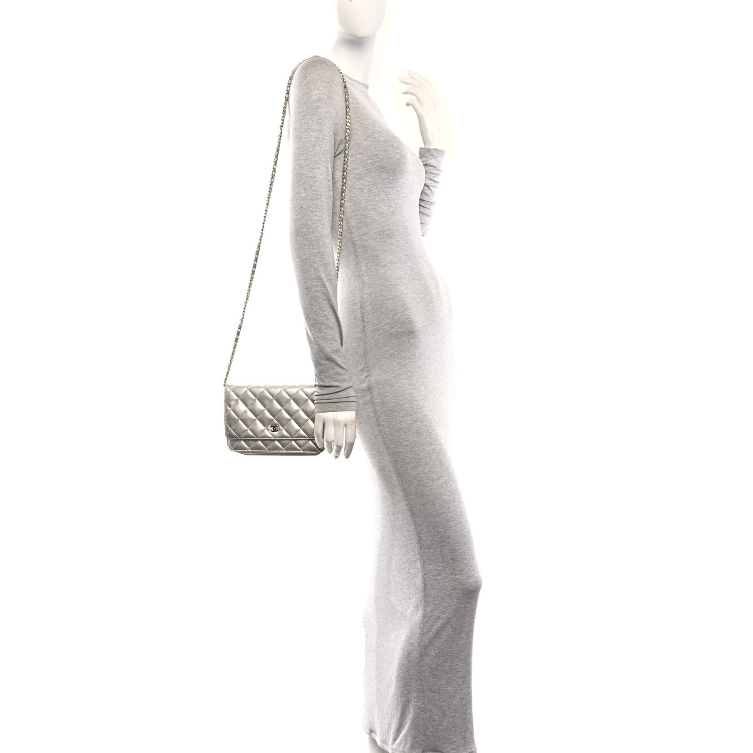 Metallic Lambskin Quilted Wallet On Chain WOC Silver