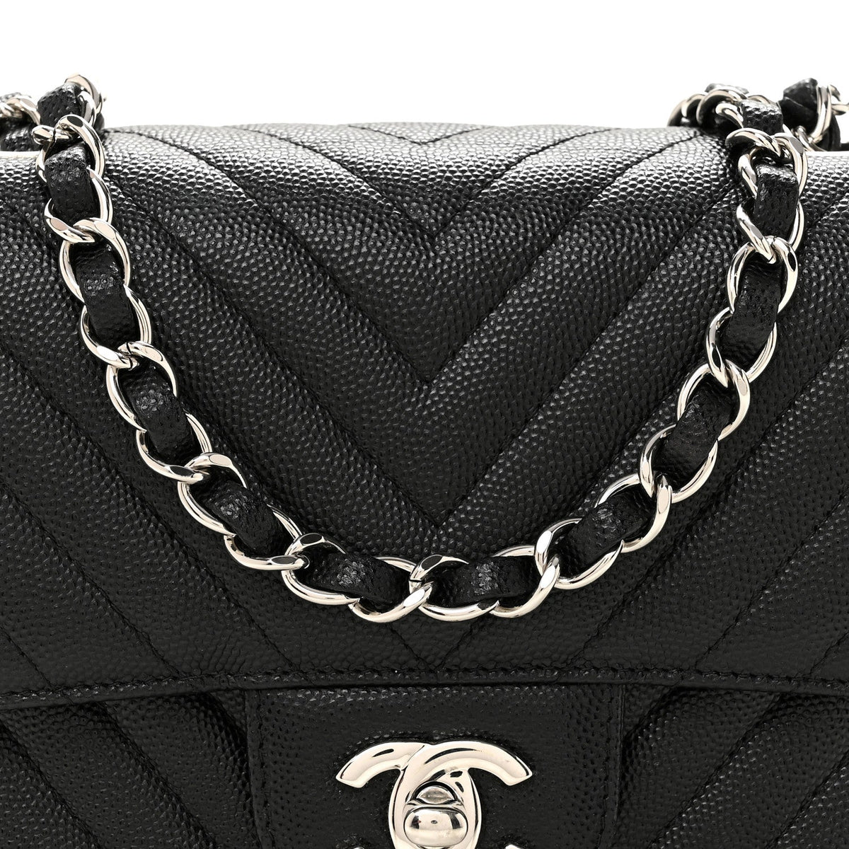 Caviar Chevron Quilted Mini Square Flap Black