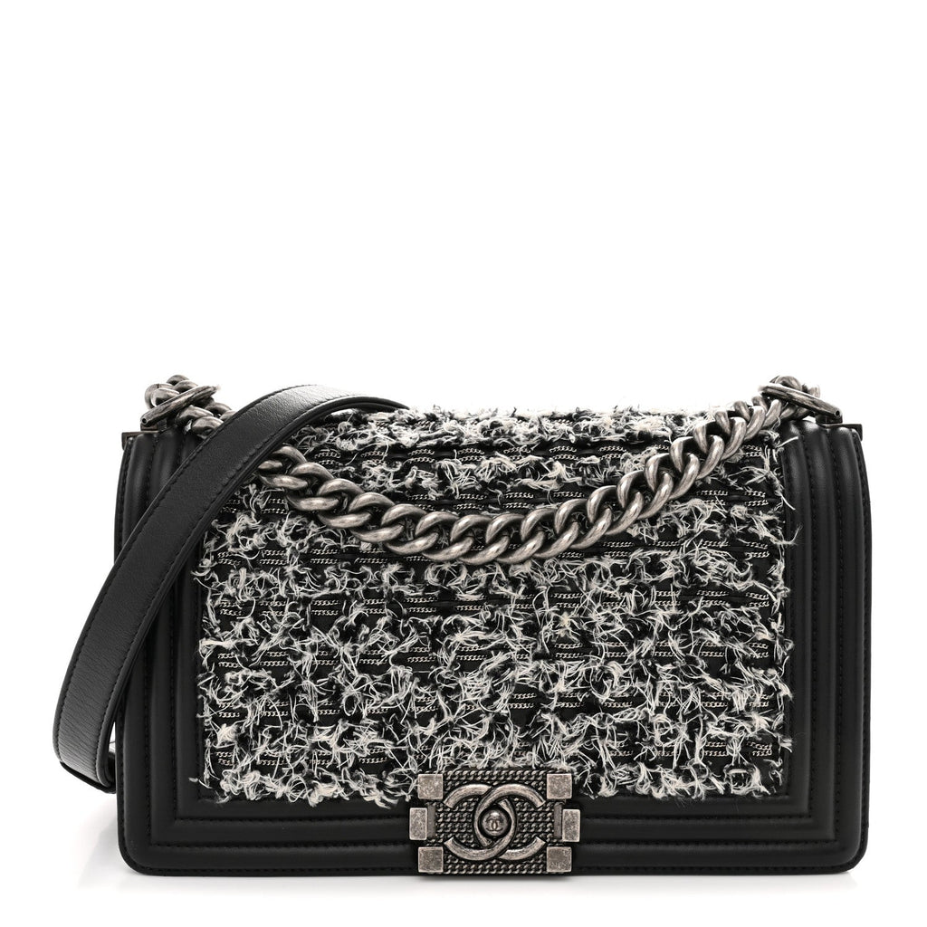 Tweed Calfskin Medium Boy Flap Black White