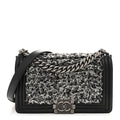 Tweed Calfskin Medium Boy Flap Black White