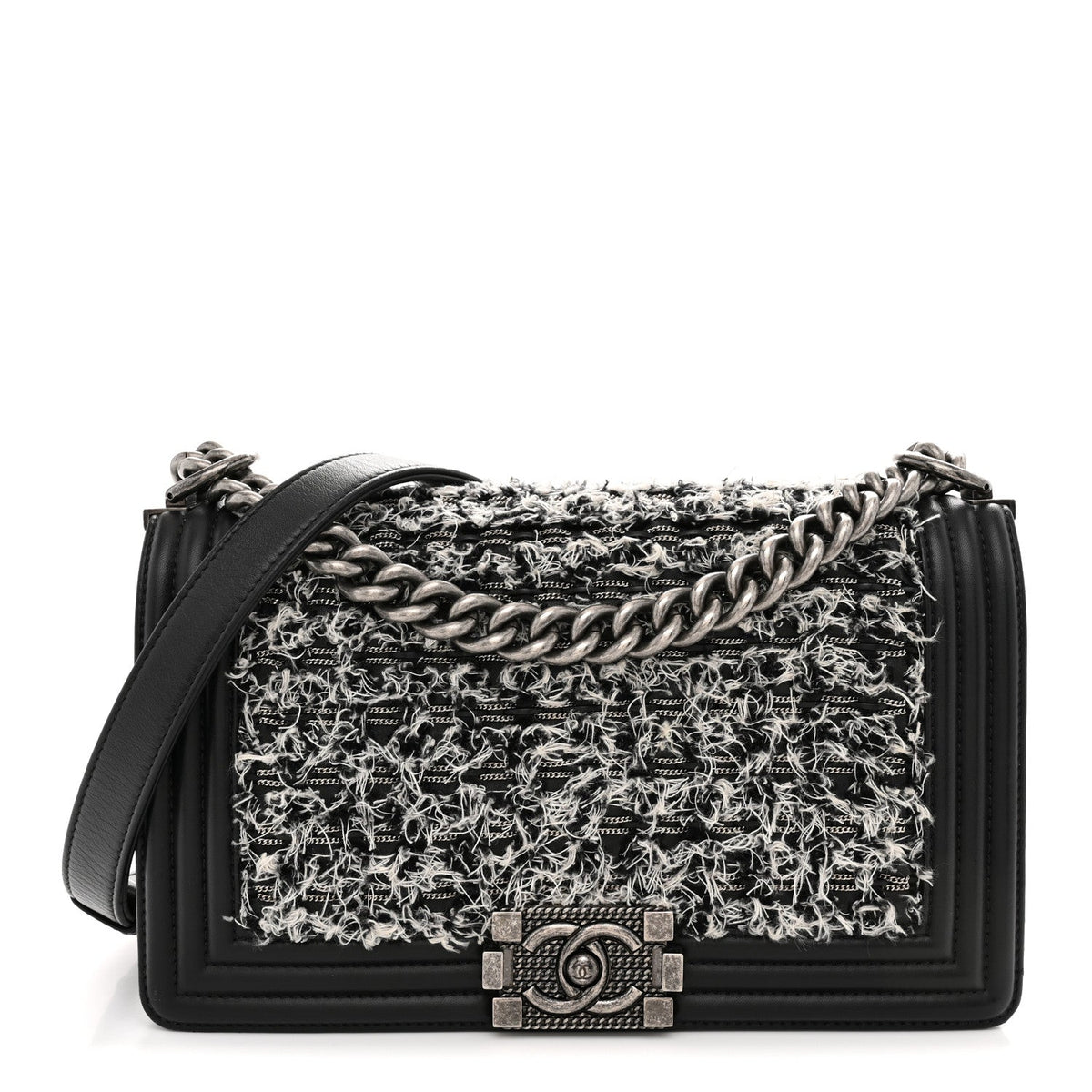 Tweed Calfskin Medium Boy Flap Black White