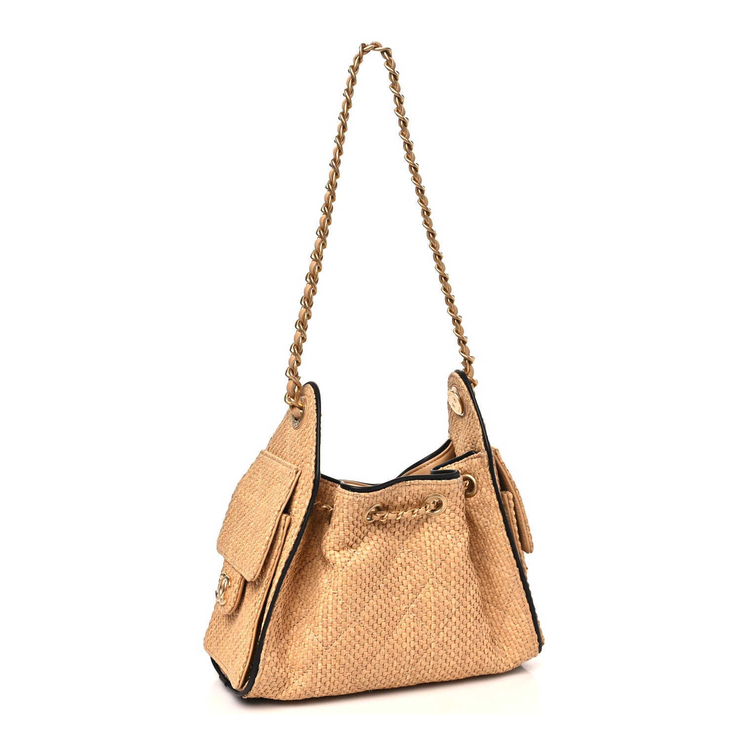 Braided Raffia Calfskin Quilted Mini Chanel 25 Handbag Beige Black