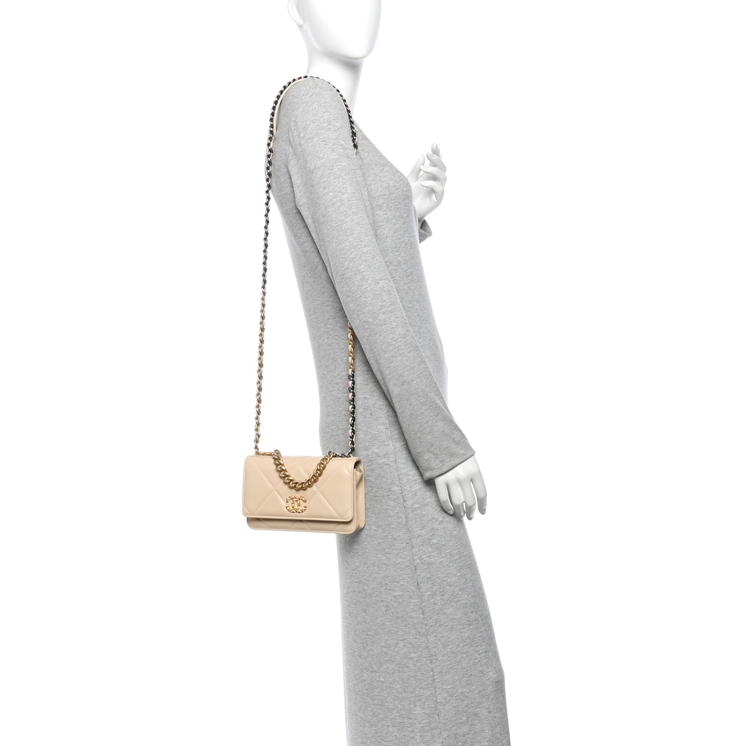 Lambskin Quilted Chanel 19 Wallet On Chain WOC Beige
