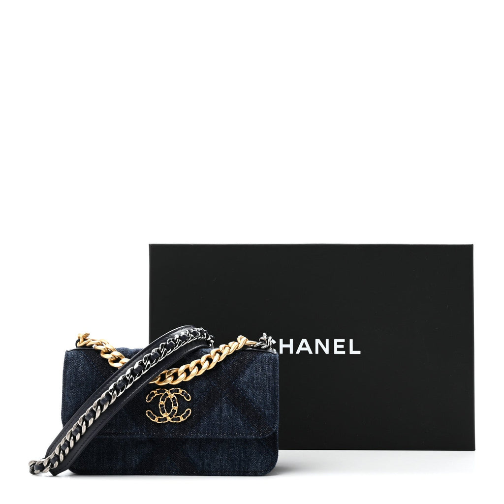 Denim Quilted Chanel 19 Flap Phone Holder With Chain Blue