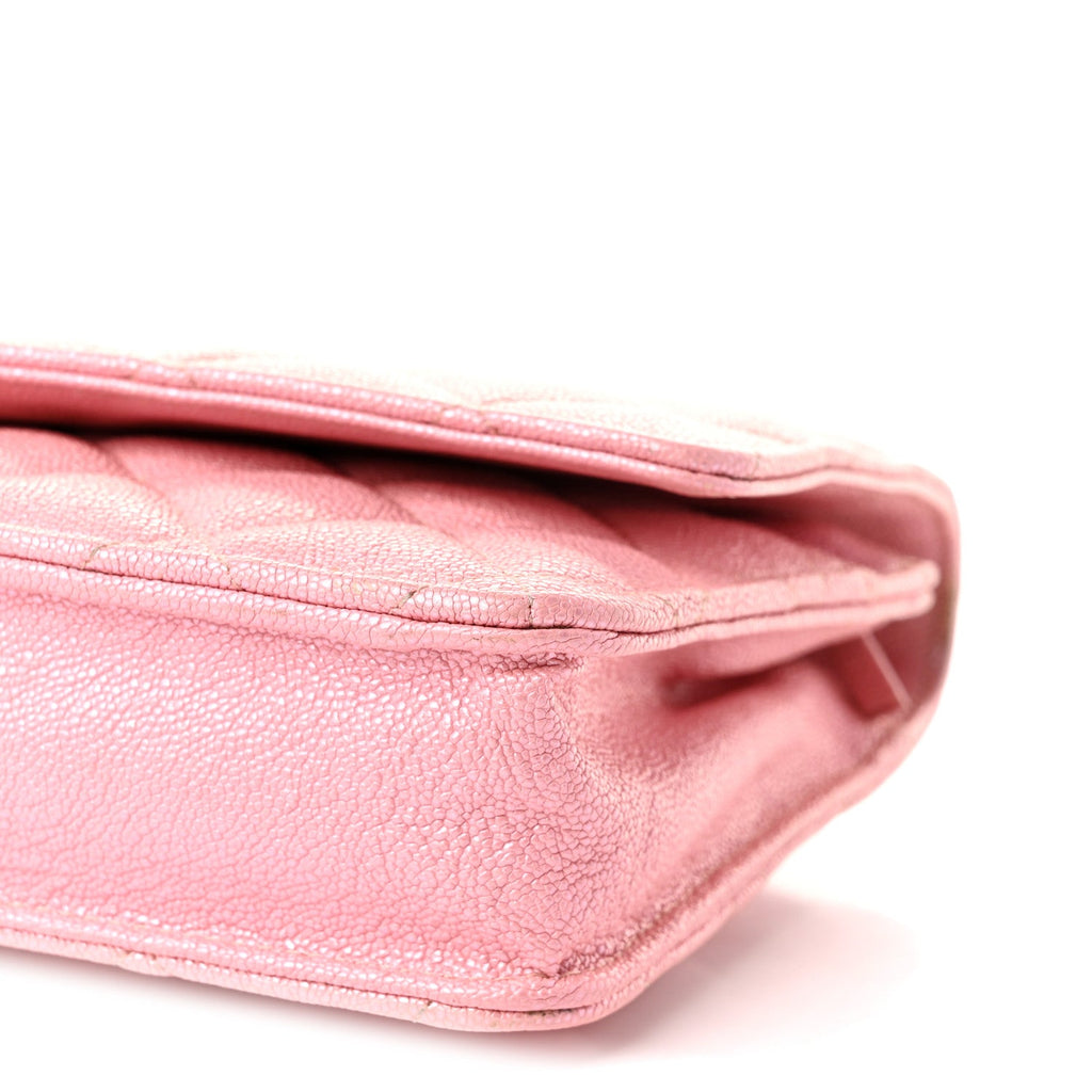 Iridescent Caviar Quilted Wallet on Chain WOC Rose Pink