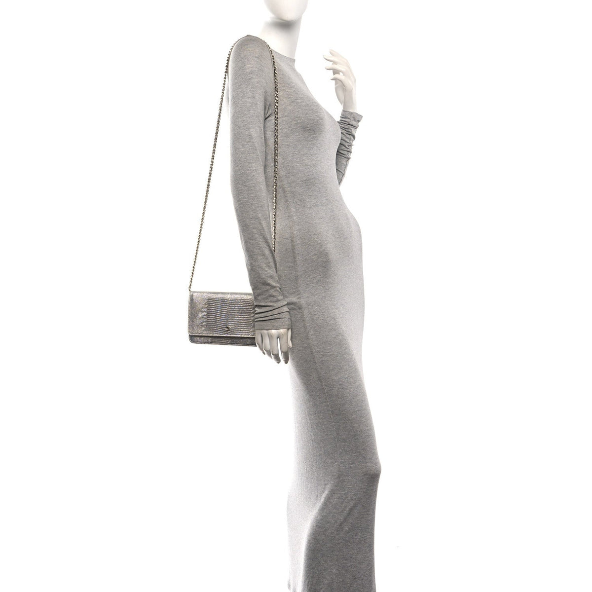 Calfskin Lizard Embossed Wallet on Chain WOC Silver
