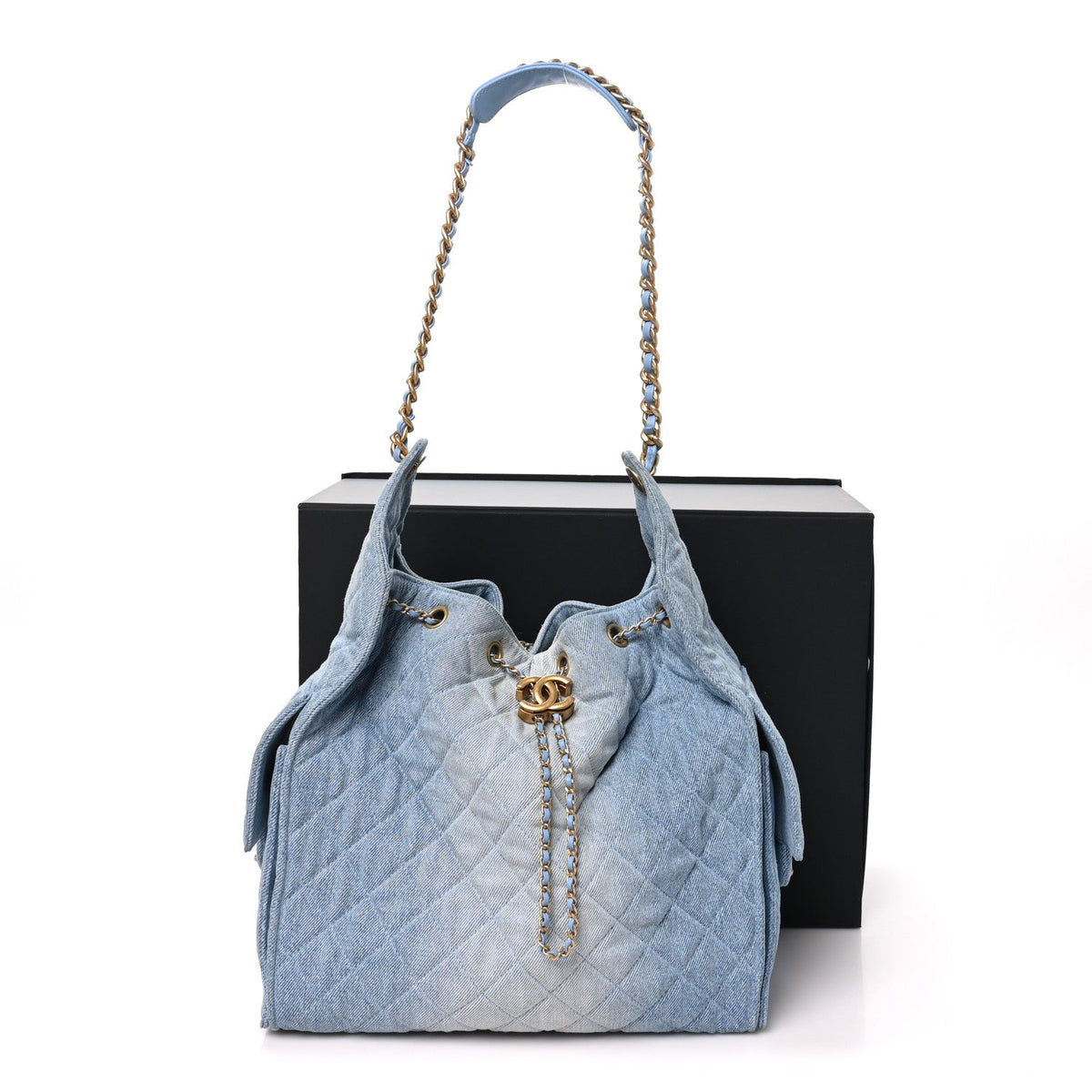 Washed Denim Quilted Medium Chanel 25 Handbag Blue