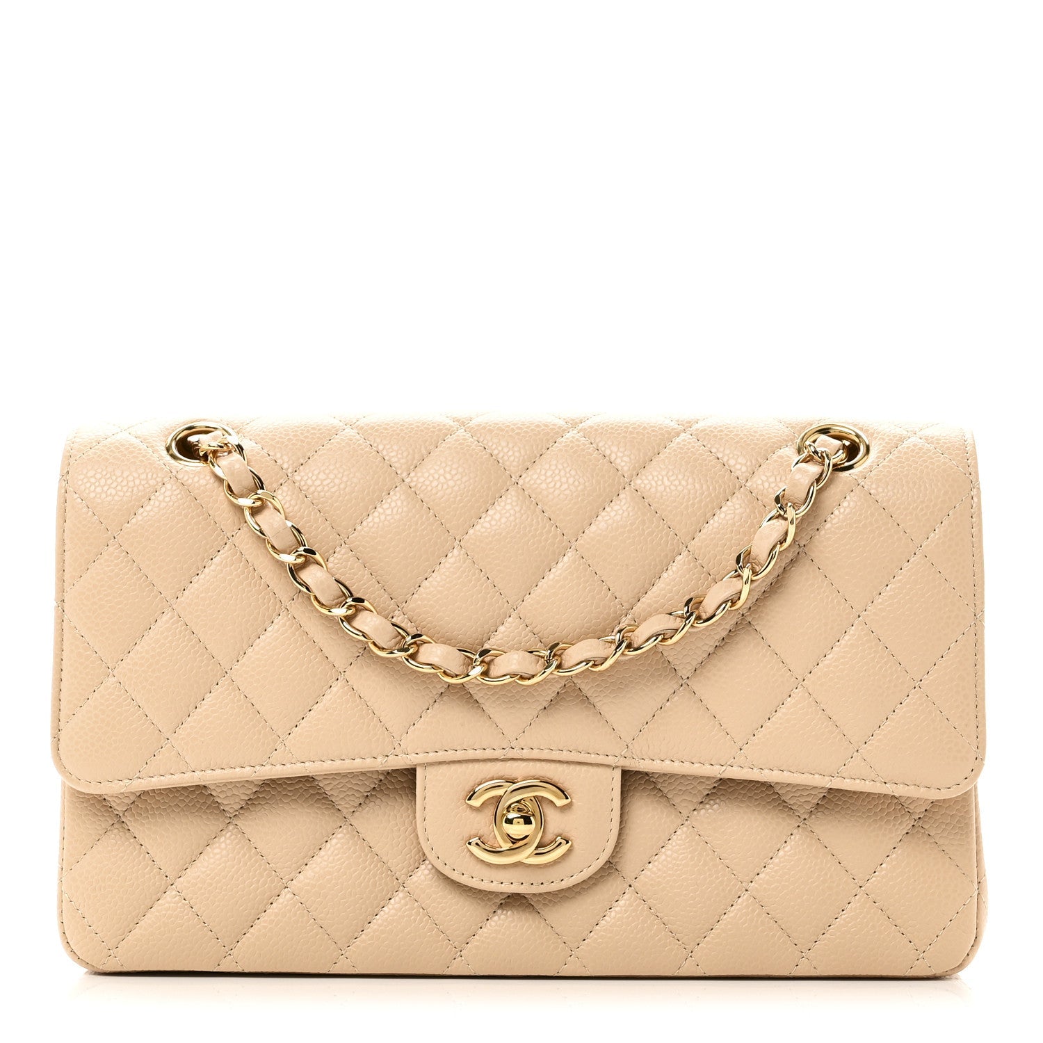Caviar Quilted Medium Double Flap Beige