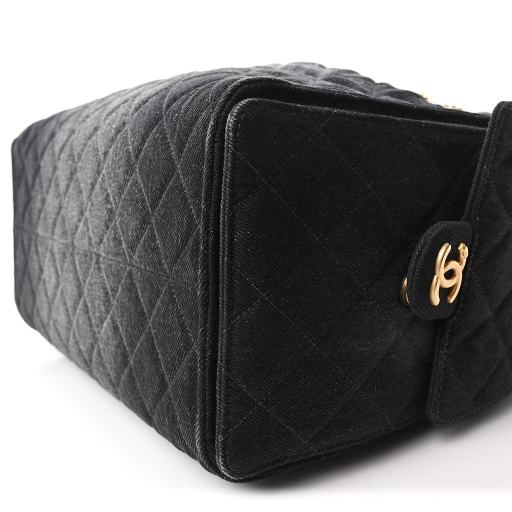 Washed Denim Quilted Medium Chanel 25 Handbag Black
