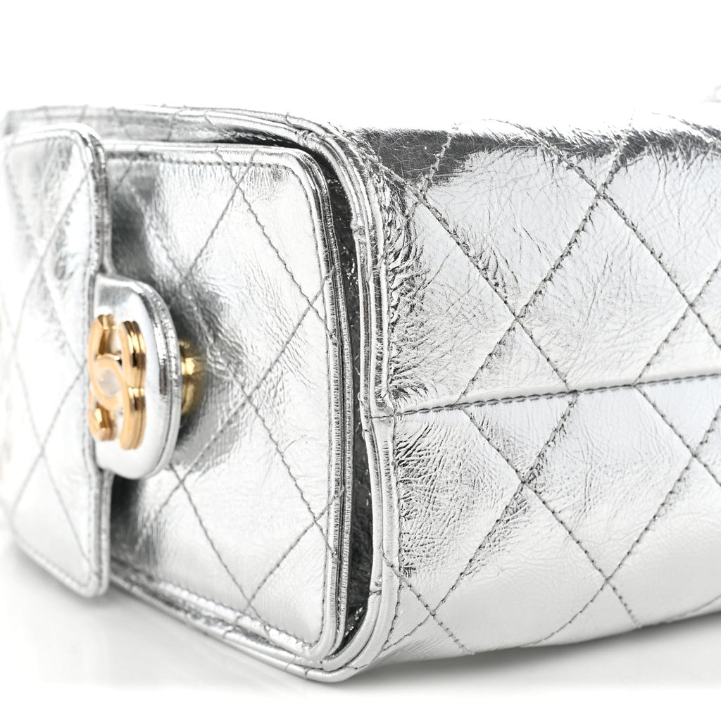 Metallic Aged Calfskin Quilted Mini Chanel 25 Handbag Silver