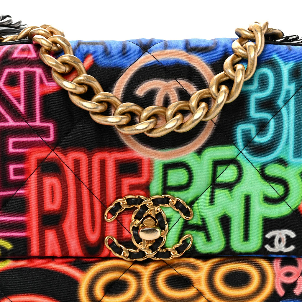 Fabric Quilted Neon Graffiti Medium Chanel 19 Flap Black Multicolor