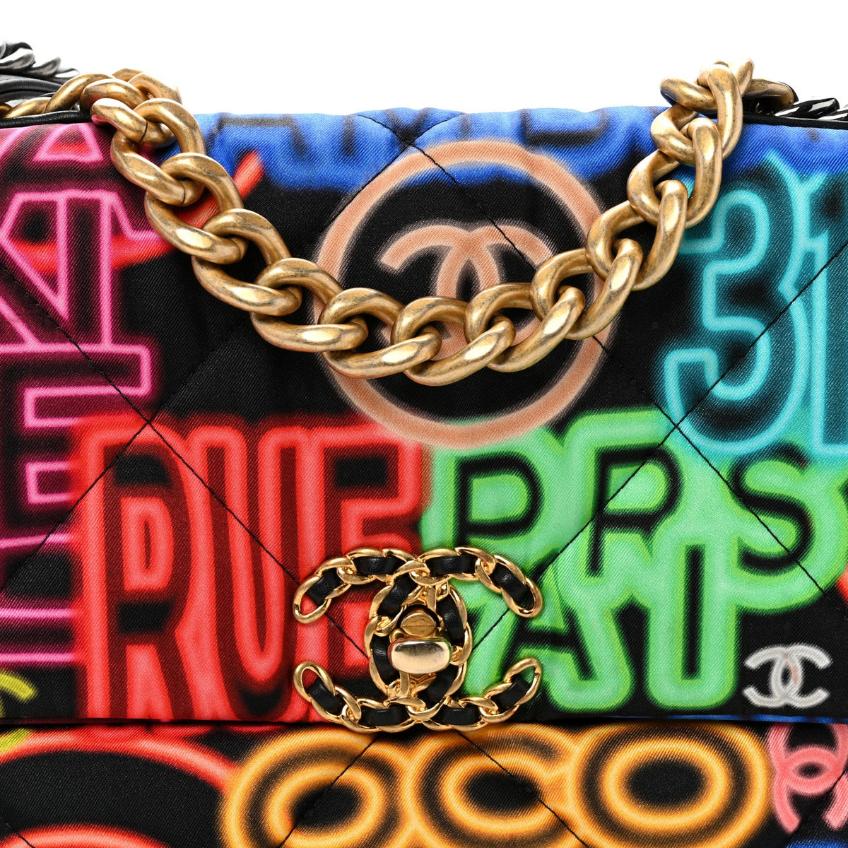 Fabric Quilted Neon Graffiti Medium Chanel 19 Flap Black Multicolor