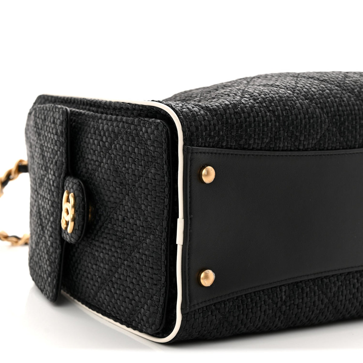 Braided Raffia Calfskin Small Chanel 25 Handbag Black White