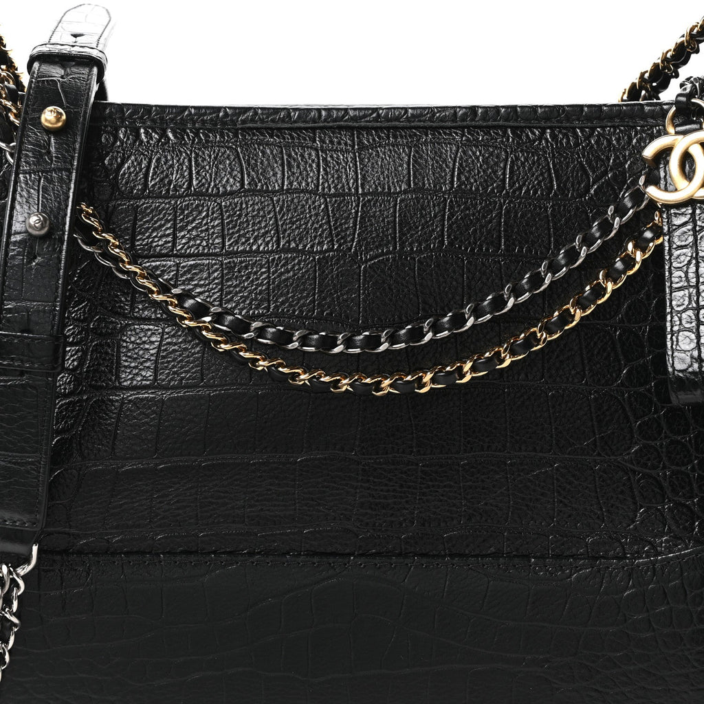 Crocodile Embossed Calfskin Medium Gabrielle Cocodile Hobo Black