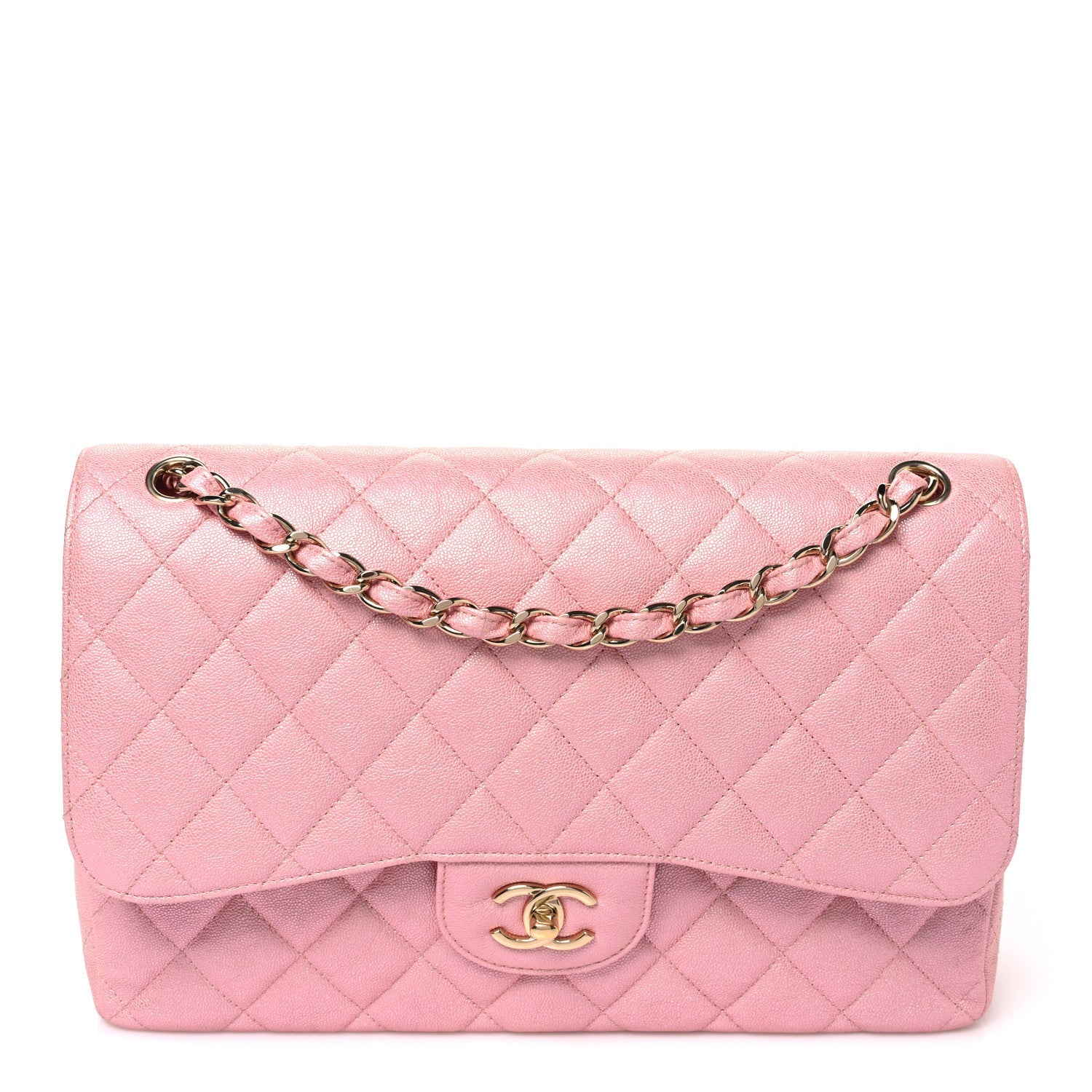 Iridescent Caviar Quilted Jumbo Double Flap Rose Pink