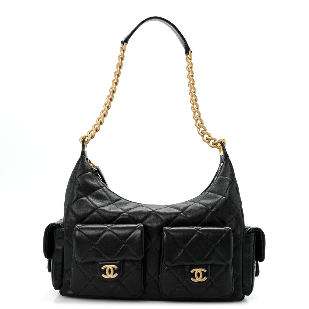 Shiny Lambskin Quilted Trendy Pockets Hobo Black