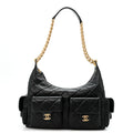 Shiny Lambskin Quilted Trendy Pockets Hobo Black