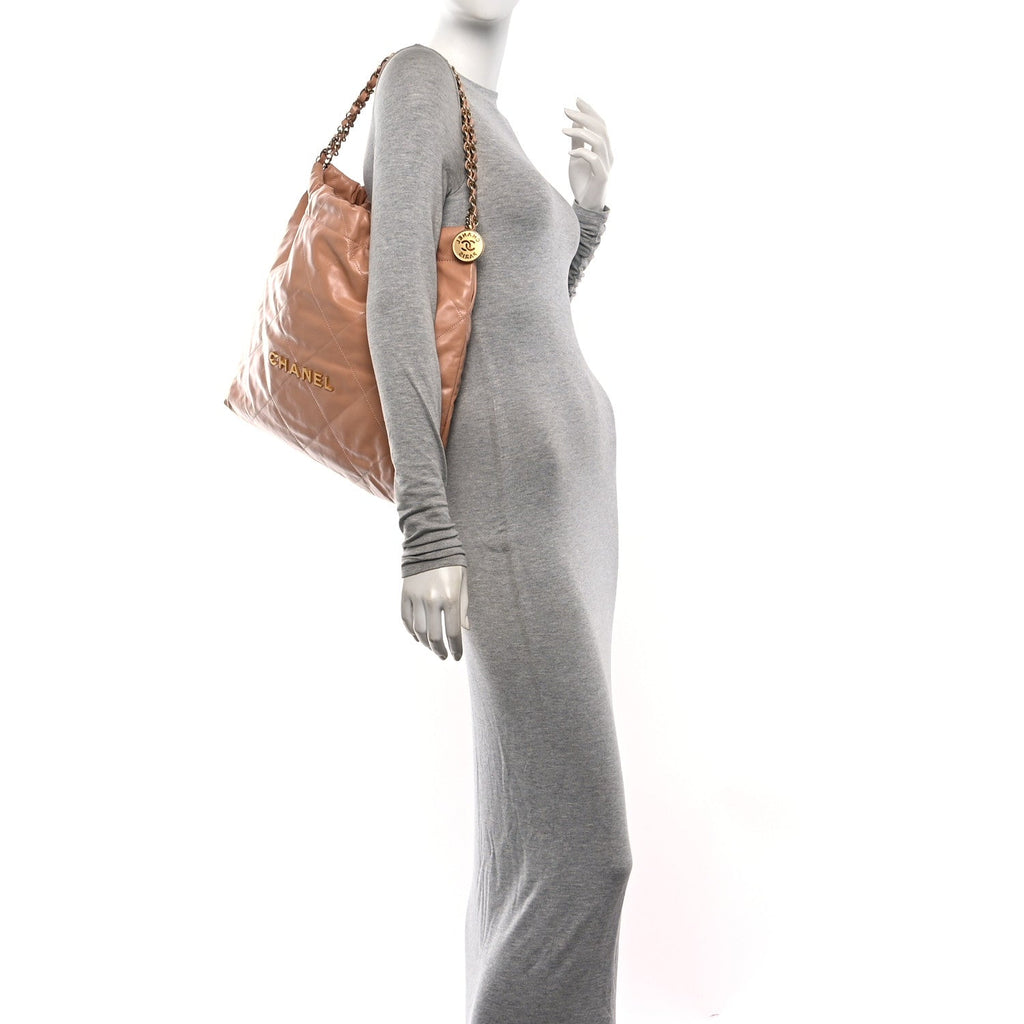 Shiny Calfskin Quilted Chanel 22 Beige