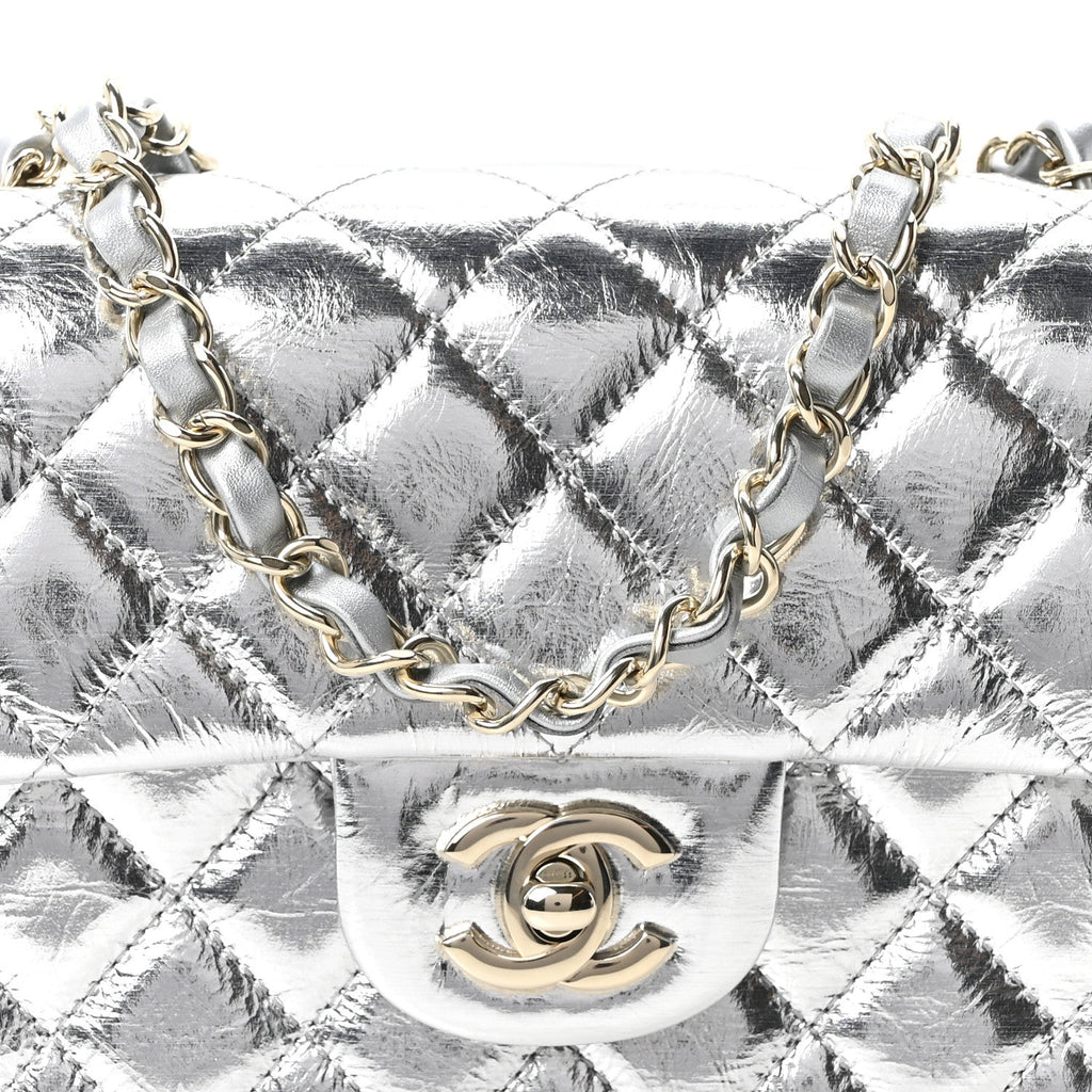 Hammered Metallic Calfskin Quilted Small Double Flap Silver