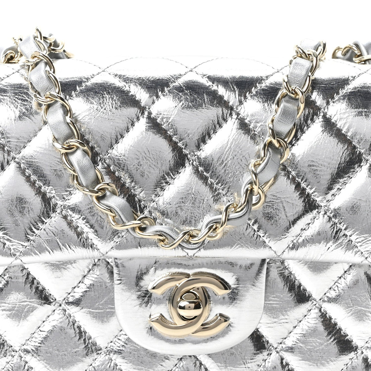 Hammered Metallic Calfskin Quilted Small Double Flap Silver