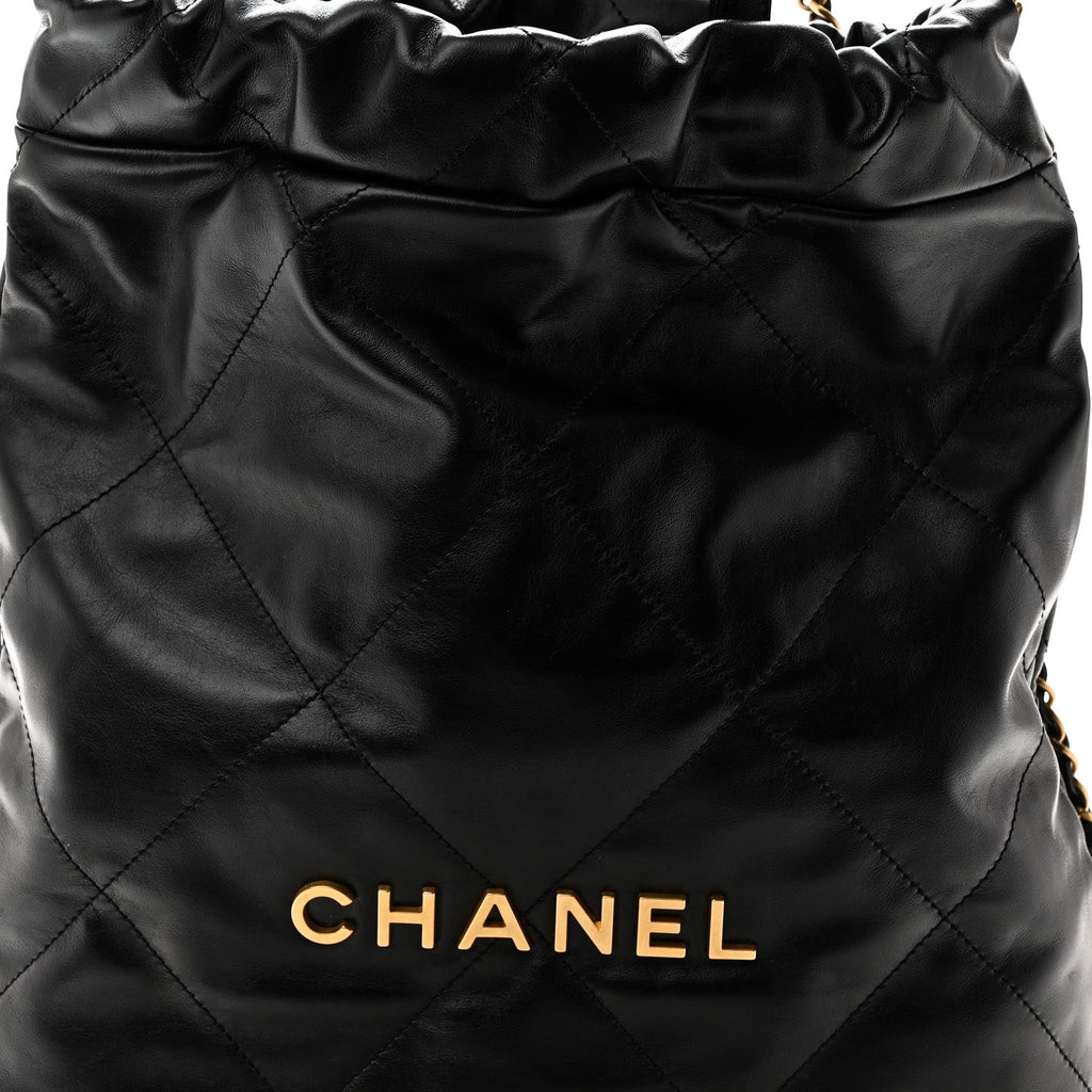 Shiny Calfskin Quilted Chanel 22 Backpack Black