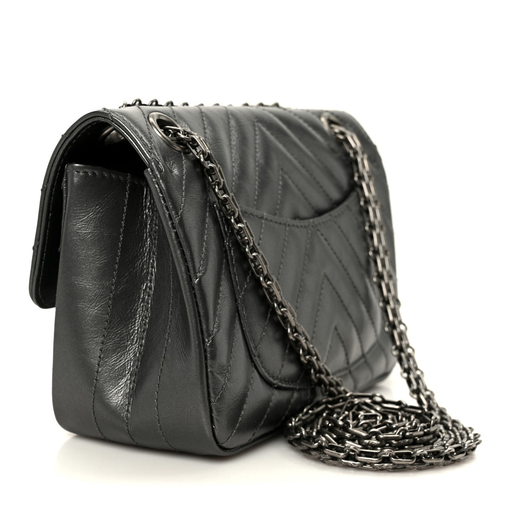 Metallic Aged Calfskin Chevron Quilted 2.55 Reissue Mini Flap Grey