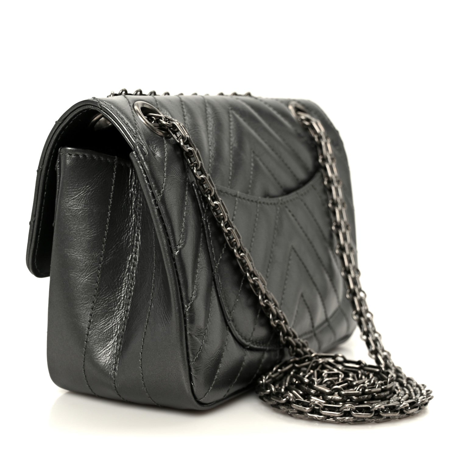 Metallic Aged Calfskin Chevron Quilted 2.55 Reissue Mini Flap Grey