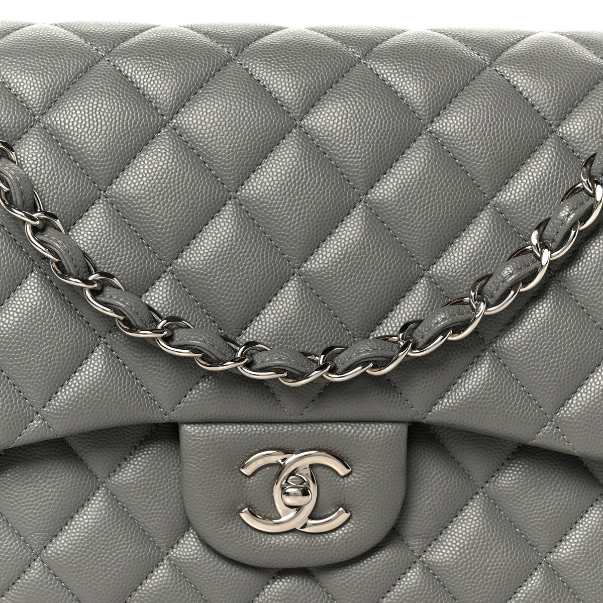 Caviar Quilted Jumbo Double Flap Grey