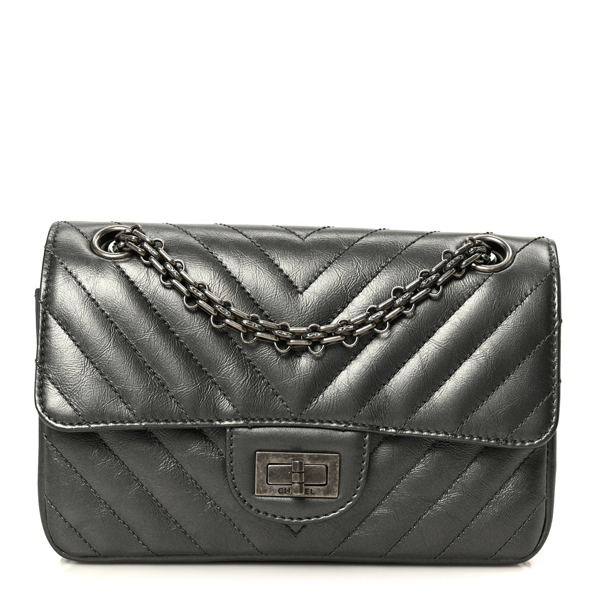 Metallic Aged Calfskin Chevron Quilted 2.55 Reissue Mini Flap Grey