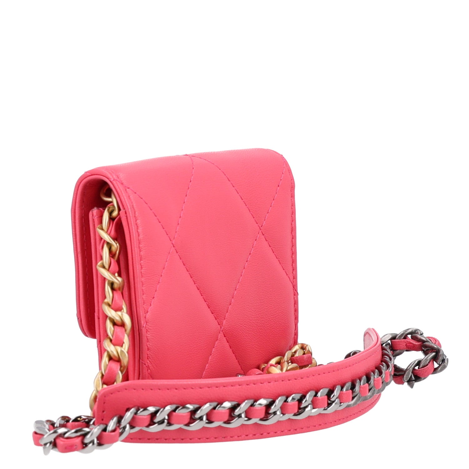 Lambskin Quilted Chanel 19 Flap Coin Purse With Chain Dark Pink
