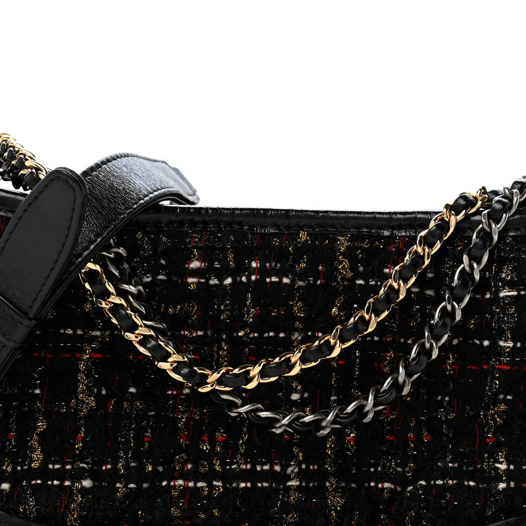 Tweed Calfskin Quilted Small Gabrielle Hobo Black Gold