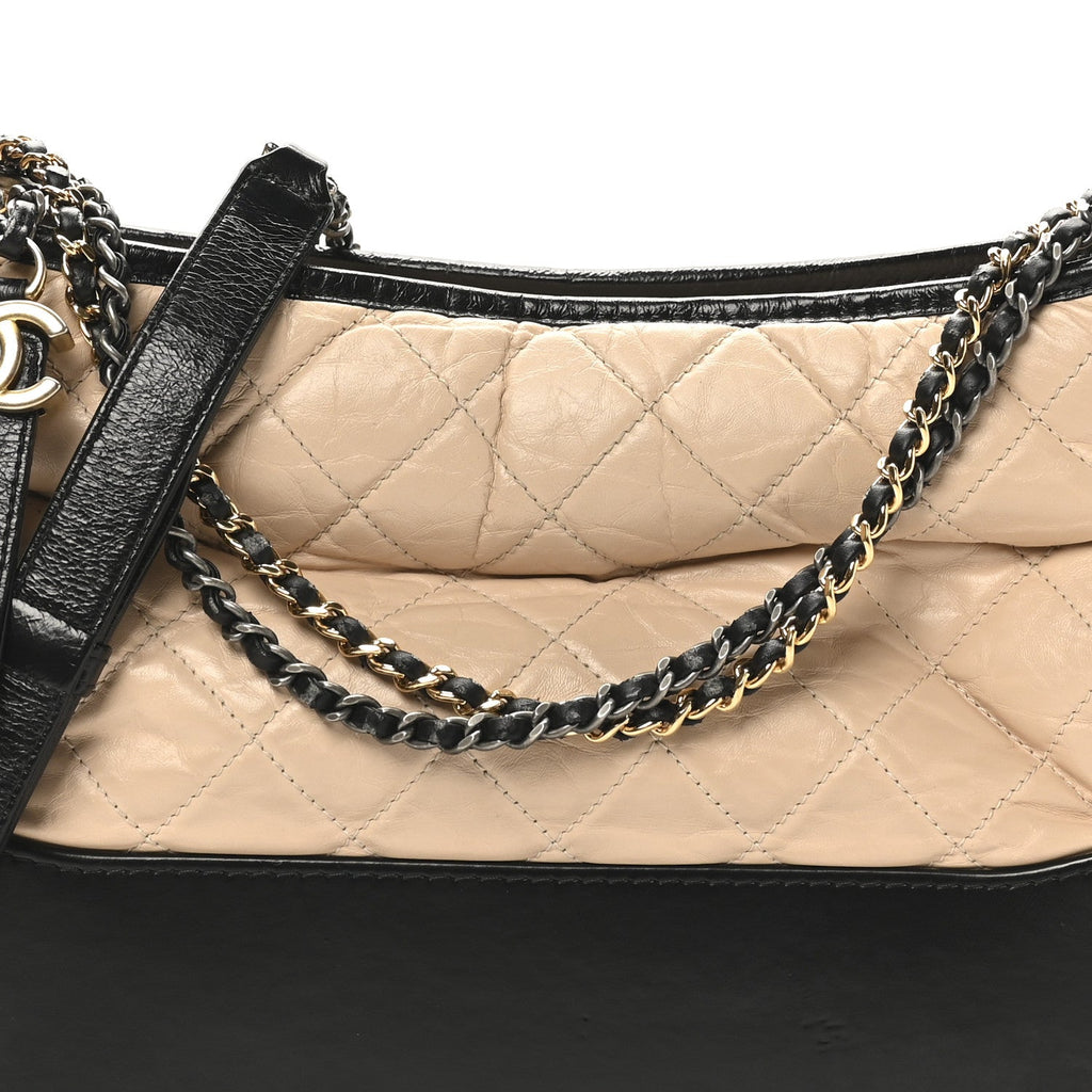 Aged Calfskin Quilted Medium Gabrielle Hobo Beige Black