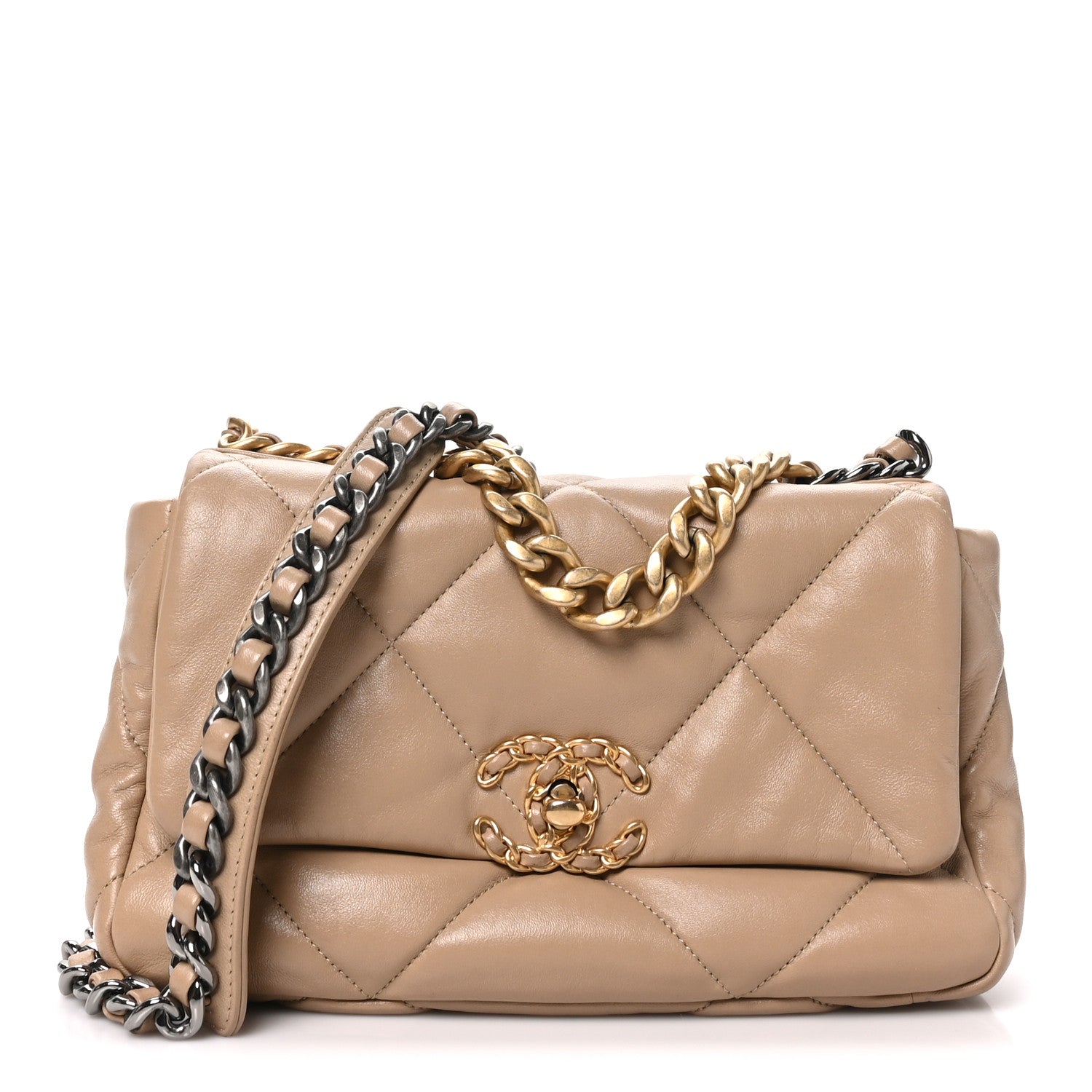Lambskin Quilted Medium Chanel 19 Flap Dark Beige