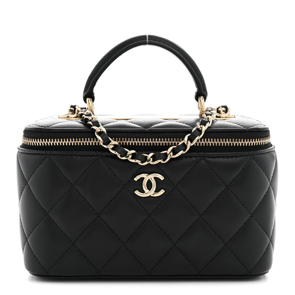 Lambskin Quilted Trendy Small Top Handle Vanity Case With Chain Black