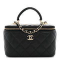 Lambskin Quilted Trendy Small Top Handle Vanity Case With Chain Black