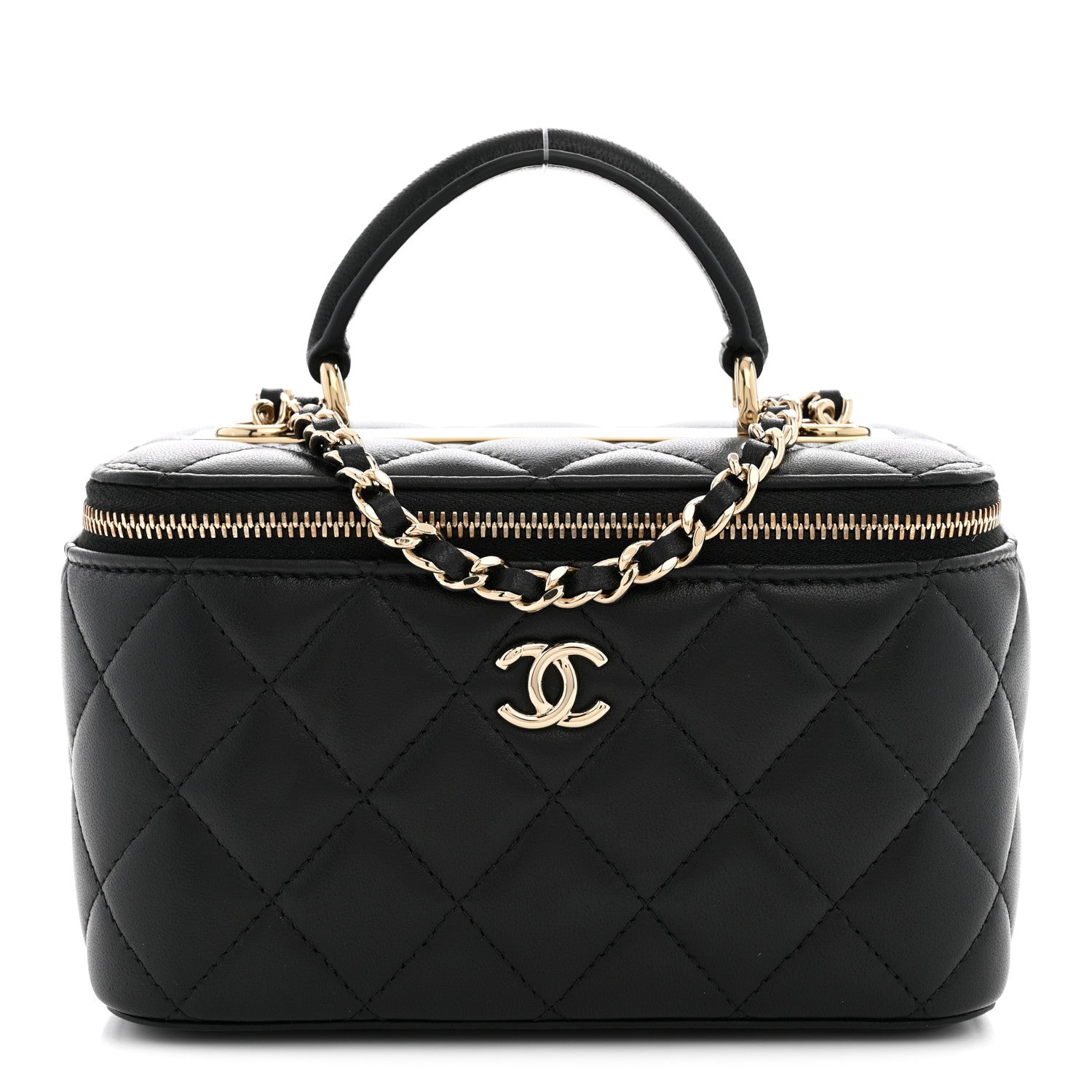 Lambskin Quilted Trendy Small Top Handle Vanity Case With Chain Black