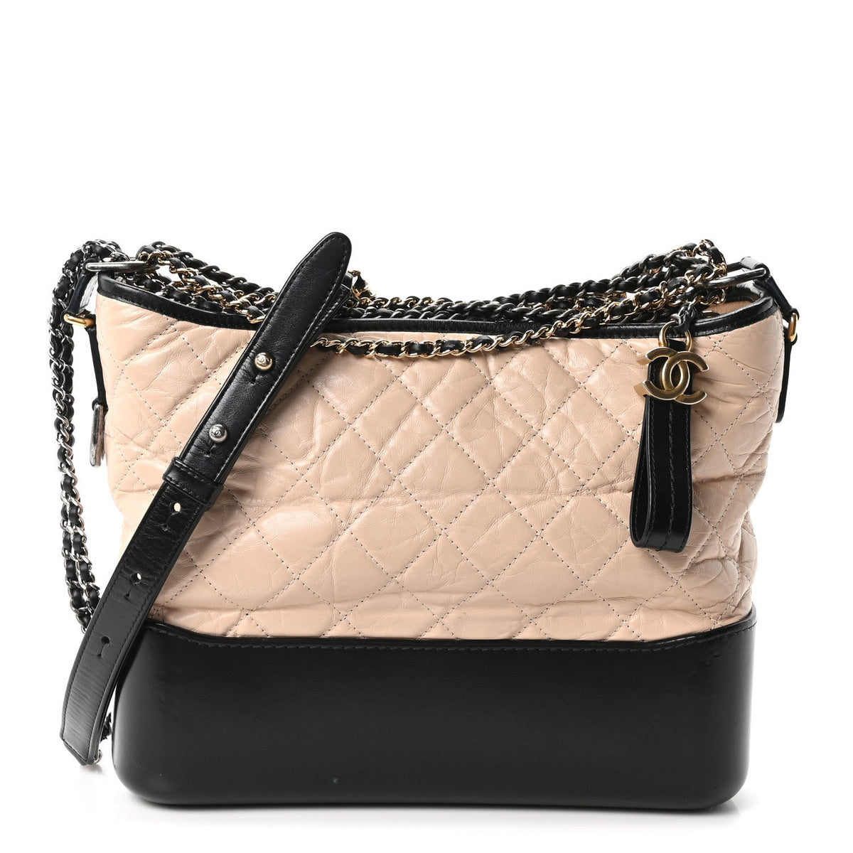 Aged Calfskin Quilted Medium Gabrielle Hobo Beige Black