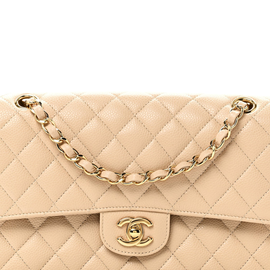 Caviar Quilted Medium Double Flap Beige