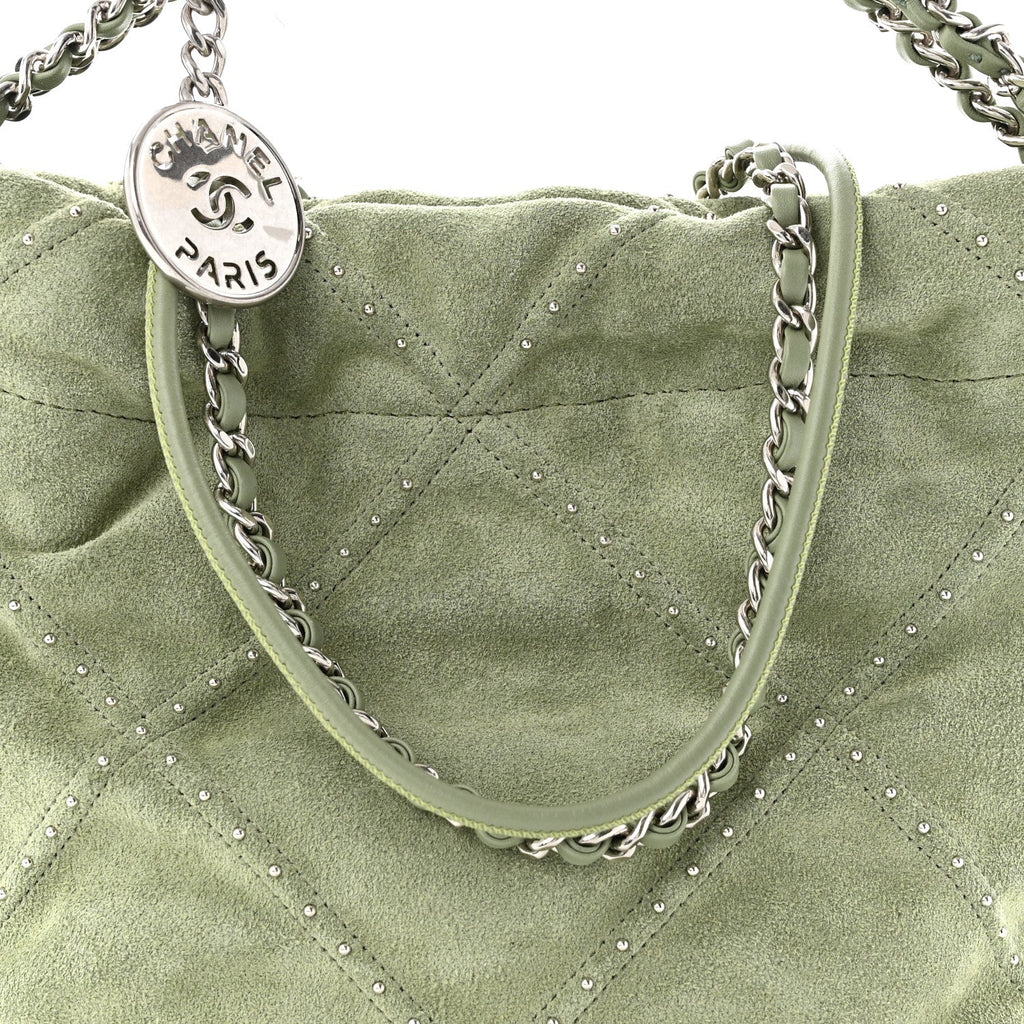 Suede Stitched Quilted Studded Mini Chanel 22 Light Green