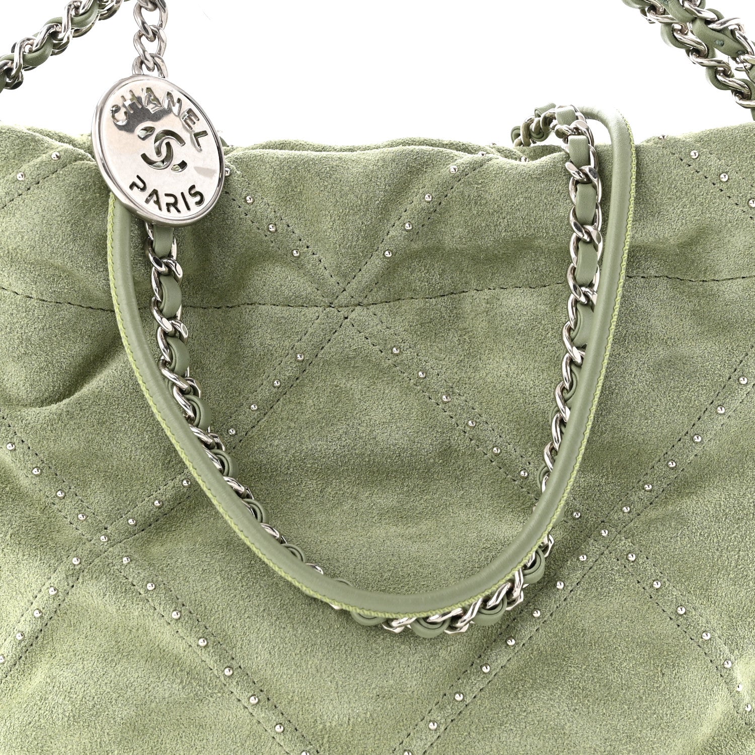 Suede Stitched Quilted Studded Mini Chanel 22 Light Green
