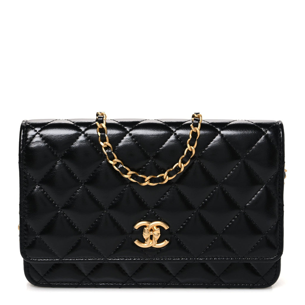 Shiny Lambskin Quilted CC Bow Wallet on Chain WOC Black
