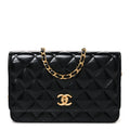 Shiny Lambskin Quilted CC Bow Wallet on Chain WOC Black