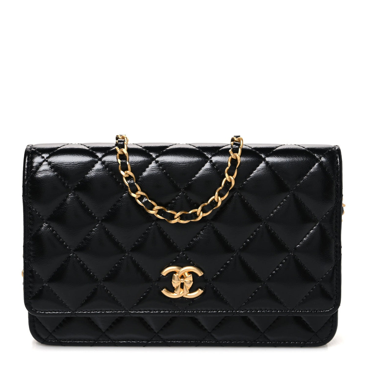 Shiny Lambskin Quilted CC Bow Wallet on Chain WOC Black