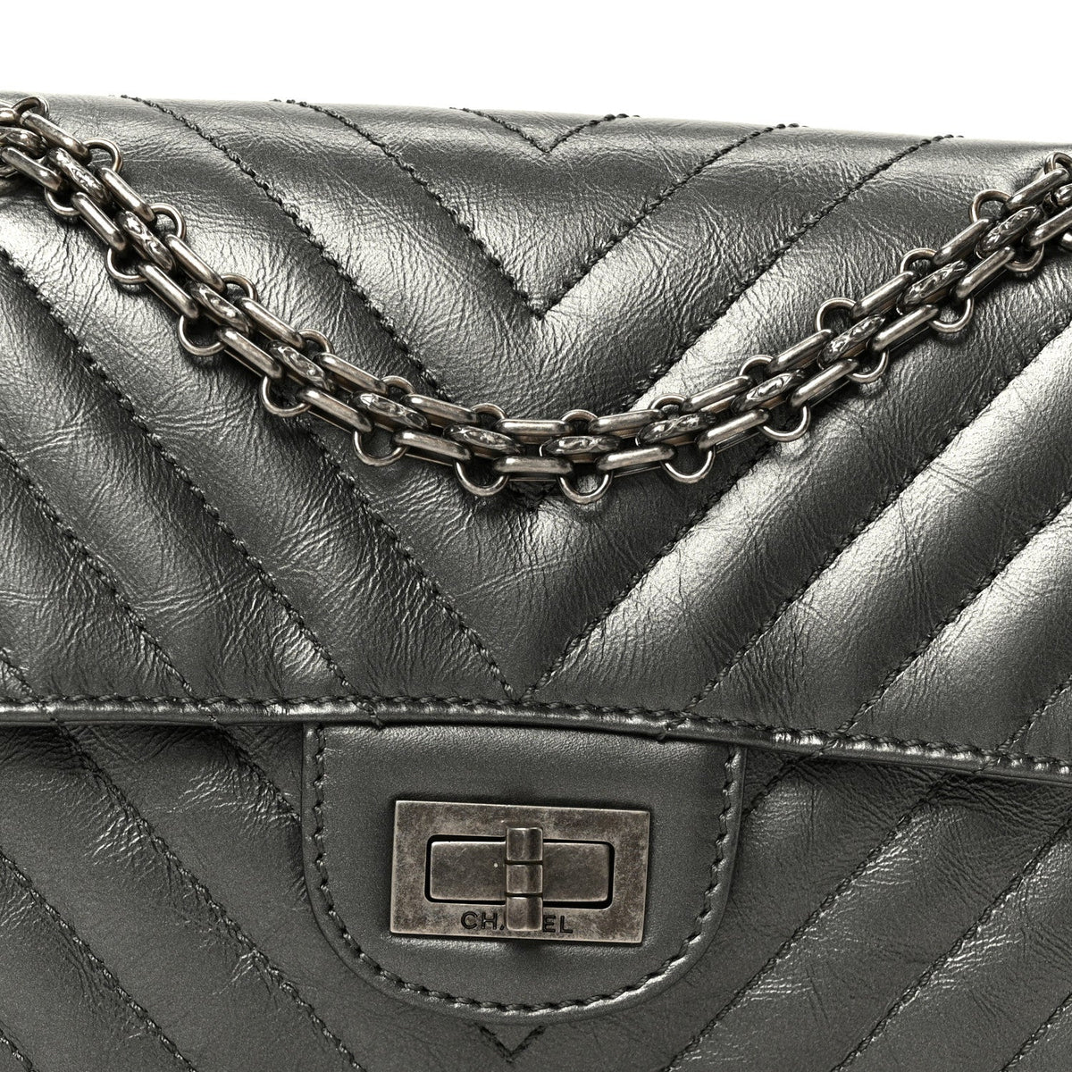 Metallic Aged Calfskin Chevron Quilted 2.55 Reissue Mini Flap Grey