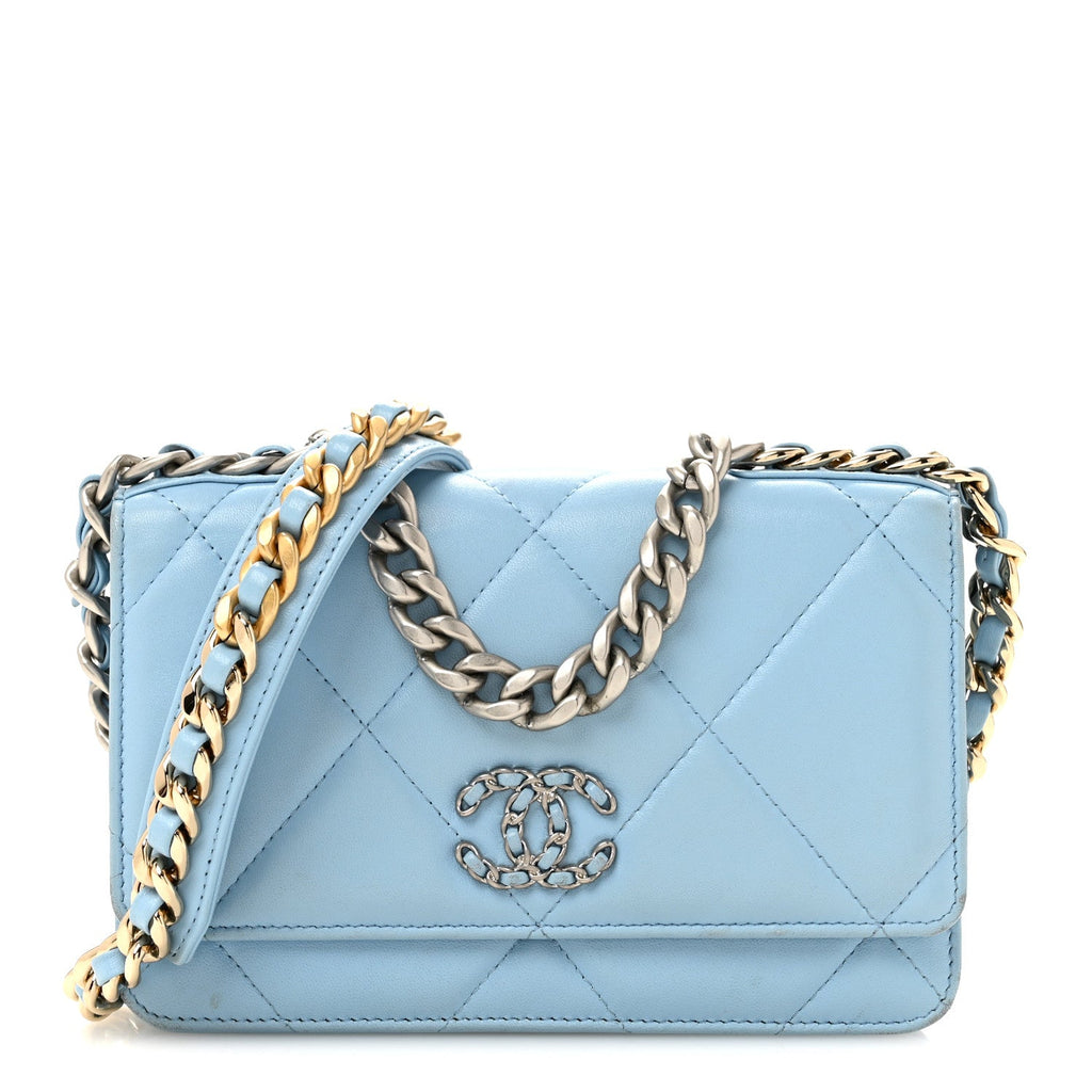 Lambskin Quilted Chanel 19 Wallet On Chain WOC Light Blue